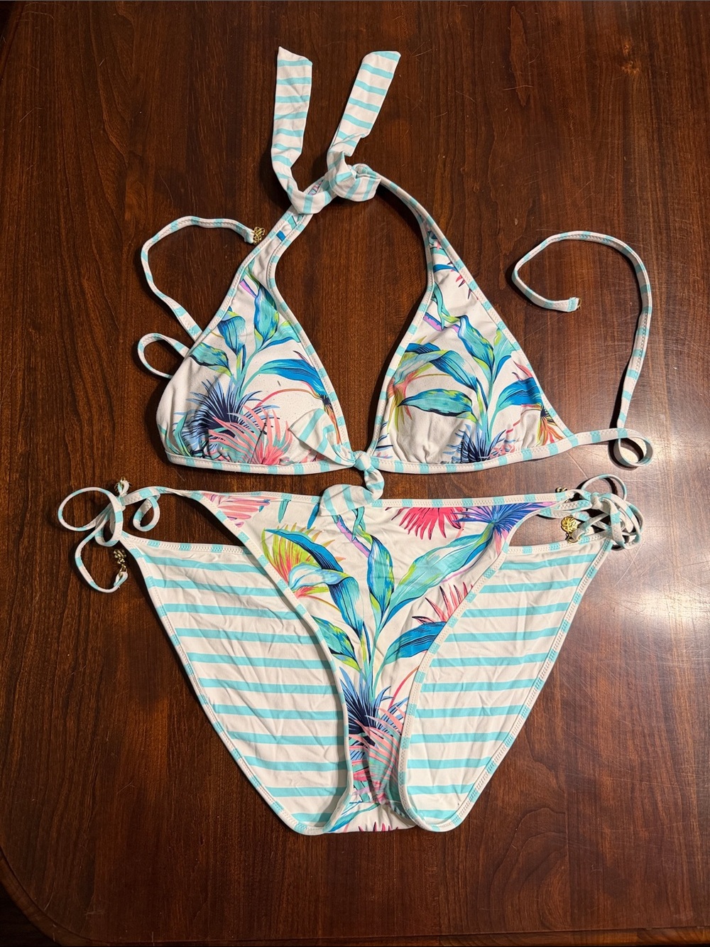 Tommy Bahama White, Light Blue & Multicolor Tropical Stripe Bikini